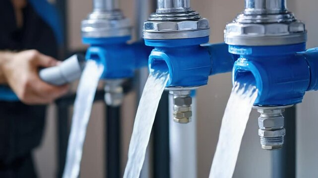 Close-up of flowing water from multiple blue plumbing fixtures