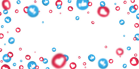 3D heart like icons in red, blue, and white flying on white background. Perfect for social media, love, and engagement themes. Vector Illustration