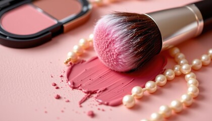 cosmetic brush and pearls on pale backdrop