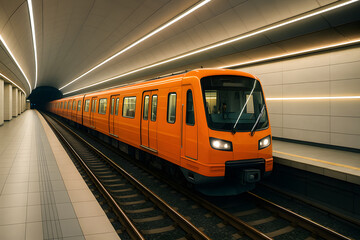 Naklejka premium Vibrant Orange Subway Train in Modern Underground Station