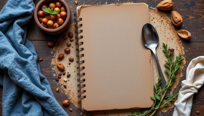 rustic flatlay with notebook, spoon, and herbs