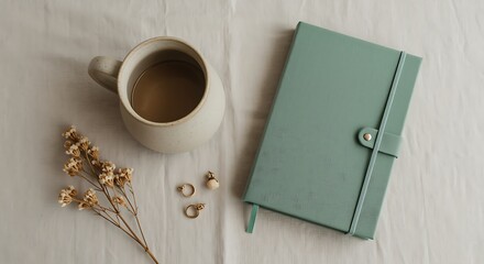 Sage Green Notebook Coffee Mug Dried Flowers Gold Earrings Flatlay
