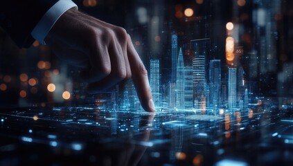 A hand interacts with a digital projection of a city