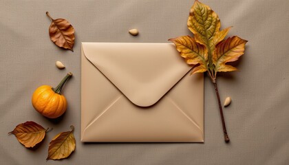 kraft paper and envelope styled with dried leaves