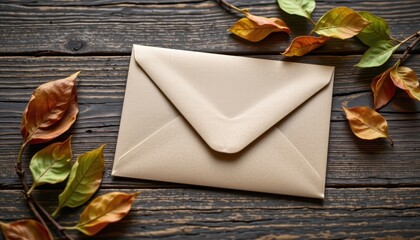 kraft paper and envelope styled with dried leaves