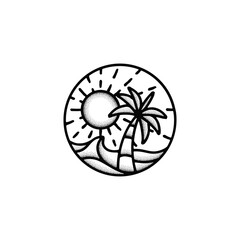 Vintage Tropical Beach Logo – Line Style Illustration for Tourism, Resort, Travel, and Beach-Related Businesses