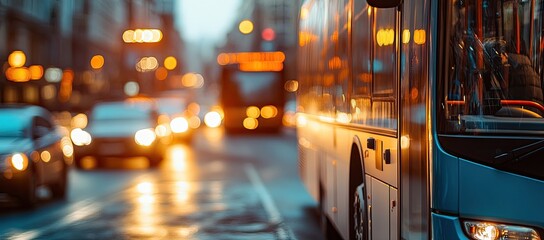 City street at night with blurred cars and a bus