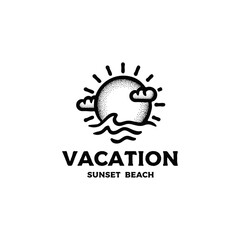 Vintage Hand-Drawn Summer Logo Template – Sunset, Waves, and Clouds in Minimalist Line Art Style for Travel, Social Media, and Rental Services