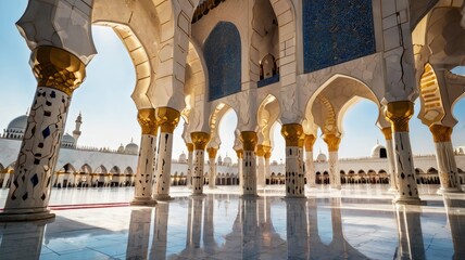 Blue and gold detail Islamic Grand mosque interior Architecture.