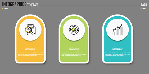 Rectangular infographic template or element with 3 step, process, option, colorful rectangle, icons, triangle, paper origami, button, tag, circle, circular, square bar for sale slide, internet planner