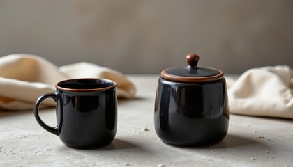 black ceramic mug and container flatlay