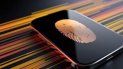 Smartphone displaying fingerprint scan on screen. Biometric identification and data protection.