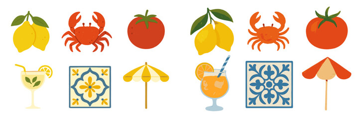 Colorful vector flat illustration of food and drink items featuring crabs, tomatoes, lemons, and decorative items in a summery context