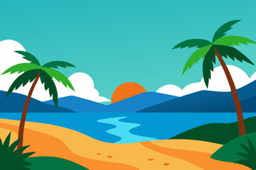 Tropical beach sunset landscape illustration