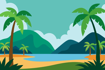 Tropical beach landscape with palm trees and mountains