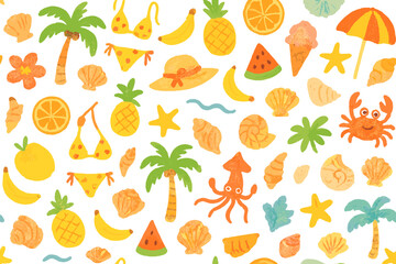 Summer beach vacation patterns featuring tropical elements like fruit, swimwear, and marine life for fun designs
