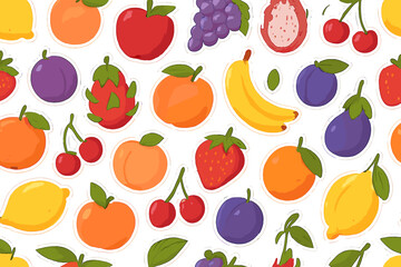 Colorful vector flat illustration of various fruits scattered on a light background suitable for design and decoration
