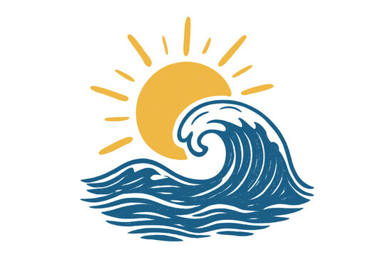 Vibrant ocean wave meeting a bright sun in a minimalist vector design during a sunny day