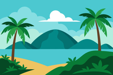 Tropical beach scene with palm trees and mountains