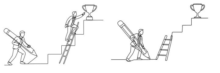 People climbing stairs with tools symbolizing progress and achievement in a minimalistic vector flat illustration