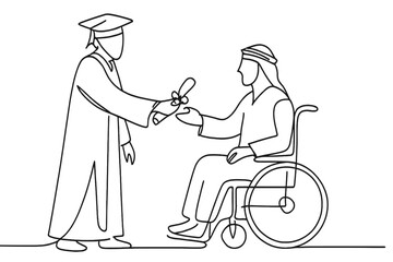Graduation ceremony where a graduate hands a diploma to a person in a wheelchair in a supportive atmosphere