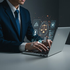 Business women, laptop and and happy team in office fo,Document Management System (DMS) concept. A business professional interacts with a futuristic digital interface representing workflow automation,