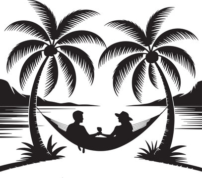 Romantic couple relaxing in hammock under palm trees on tropical beach