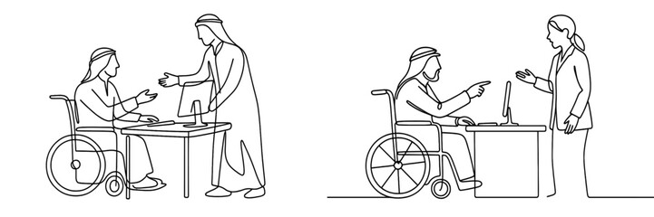 Support and collaboration between professionals and individuals with disabilities in a modern office setting