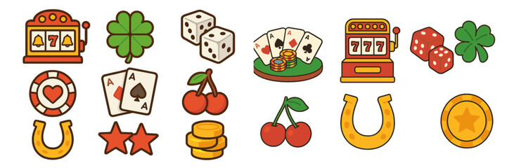 Colorful vector flat illustration of various casino-themed symbols including playing cards, dice, and slot machines