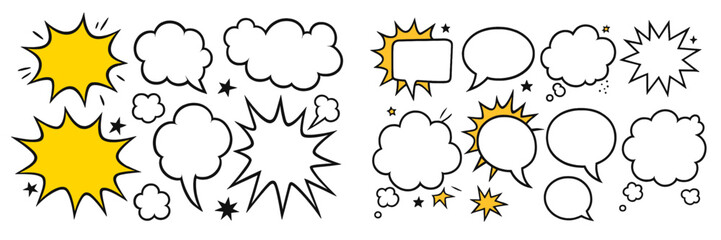 Colorful speech bubbles and comic elements designed for creative projects in a vibrant, playful style