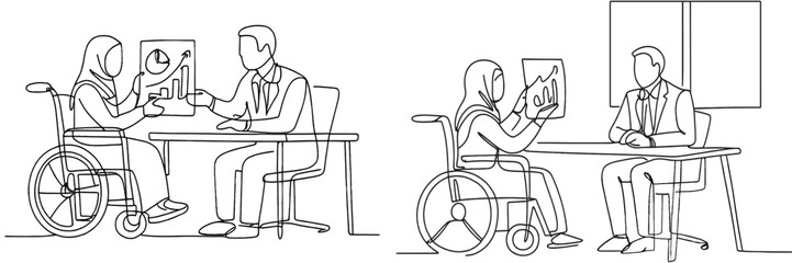Discussion between a professional and a woman in a wheelchair presenting a report in a modern office setting
