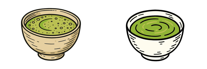 Two bowls of green smoothie displayed on a white background showcasing different designs and textures