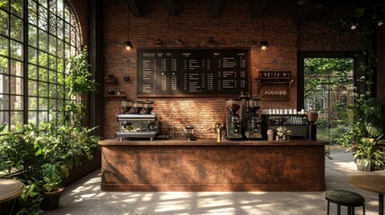Sunny cafe brick, plants, bar, espresso machines