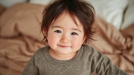 Happy Asian Baby with Smiling, Bedroom, and Toddler.