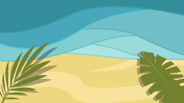 ocean beach cartoon animation backgrounds video . minimalist island at nature landscape with wave and leaf animated motion graphic illustration design