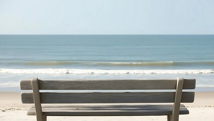 Weathered wooden bench facing the open sea with soft breeze and pale blue and beige tones, evoking a tranquil and minimal coastal scene
