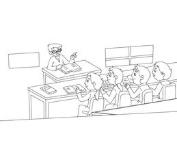 Cute cartoon hand drawn vector teacher teaching in classroom outline.