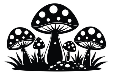 Stylized Group of Spotted Mushrooms, Grass, and Other Fungi in Silhouette