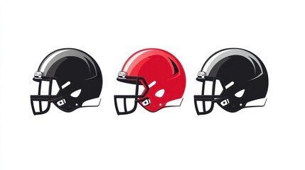 Three American football helmets in black and red
