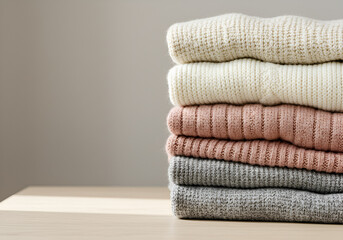 A neatly stacked pile of neutral toned sweaters