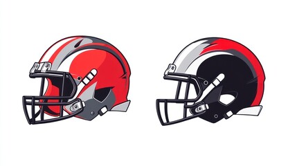 Fototapeta premium Two profile views of American football helmets. Side-by-side comparison of a red and white helmet and a black and white helmet