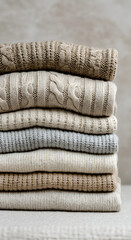 A neatly stacked pile of neutral toned sweaters