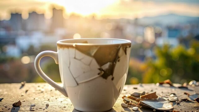 Cracked mug with cityscape view in bright sunlight, broken pieces on table, coffee cup, morning, depression, pain, regret, sadness, despair