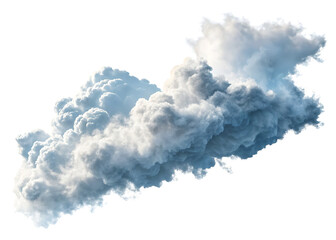 A fluffy cloud formation with shades of gray and white isolated against a white background in the sky