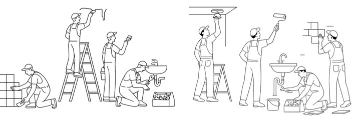 Workers performing various home repairs and renovations in a residential setting during daylight hours