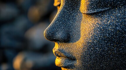 Tranquil face, textured stone, bathed in golden light