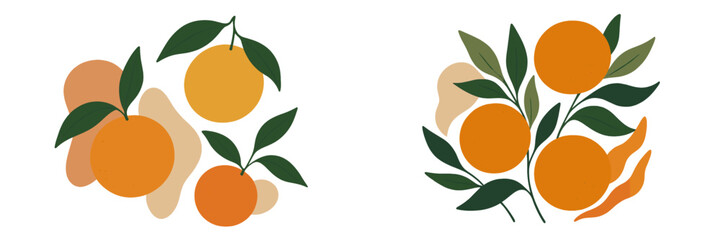 Colorful illustrations of oranges and leaves arranged artistically in a vibrant design for decorative purposes