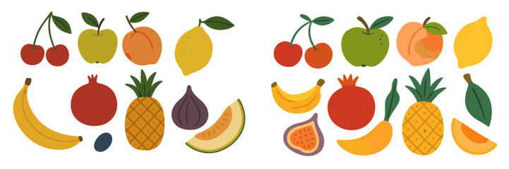 Vibrant assortment of fruits displayed on a white background, showcasing natural colors and varying shapes