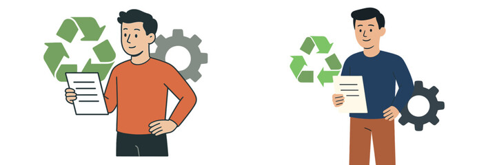 Individuals engaged in recycling awareness, showcasing sustainability efforts with documents and symbols of reuse