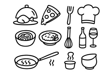 Colorful vector flat illustration of food items and cooking tools arranged in a fun kitchen layout